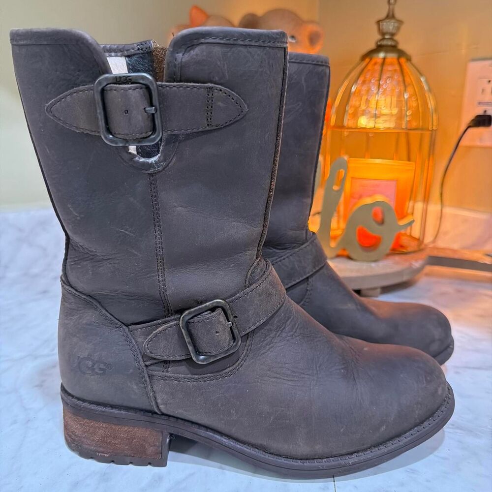 UGG Chaney Black Leather Shearling Lined moto Boots